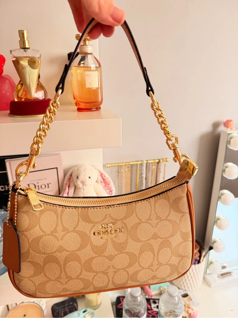 Coach Teri Regular Shoulder Bag in Beige with Tan Trim and Gold Hardware